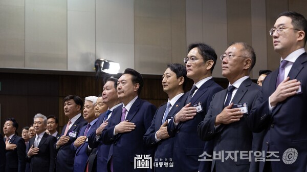 윤석열 대통령과 기업인들이 국기에 경례하고 있다. (오른쪽 부터) 구광모 LG그룹 회장, 정의선 현대차 회장, 이재용 삼성전자 회장, 안덕근 산업부 장관, 윤석열 대통령, 최태원 대한상의 회장./자료제공=대통령실