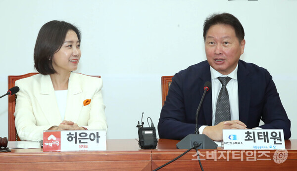 최태원 대한상의 회장이 허은아 개혁신당 대표를 예방해 인사말을 하고 있다./자료=대한상공회의소