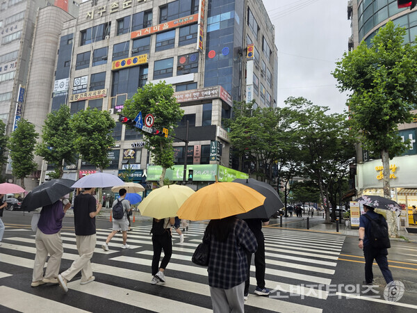 우산을 쓰고 횡단보도를 건너고 있는 시민들. / 사진 = 조준호 기자